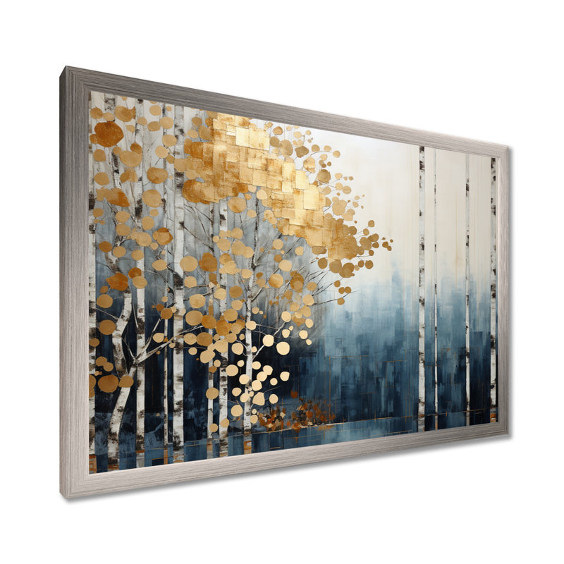 Minimalisme bleu et forêt dorée - art mural forêt, H 30 po x l 40 po x P 1,5 po, Cadre simple argenté