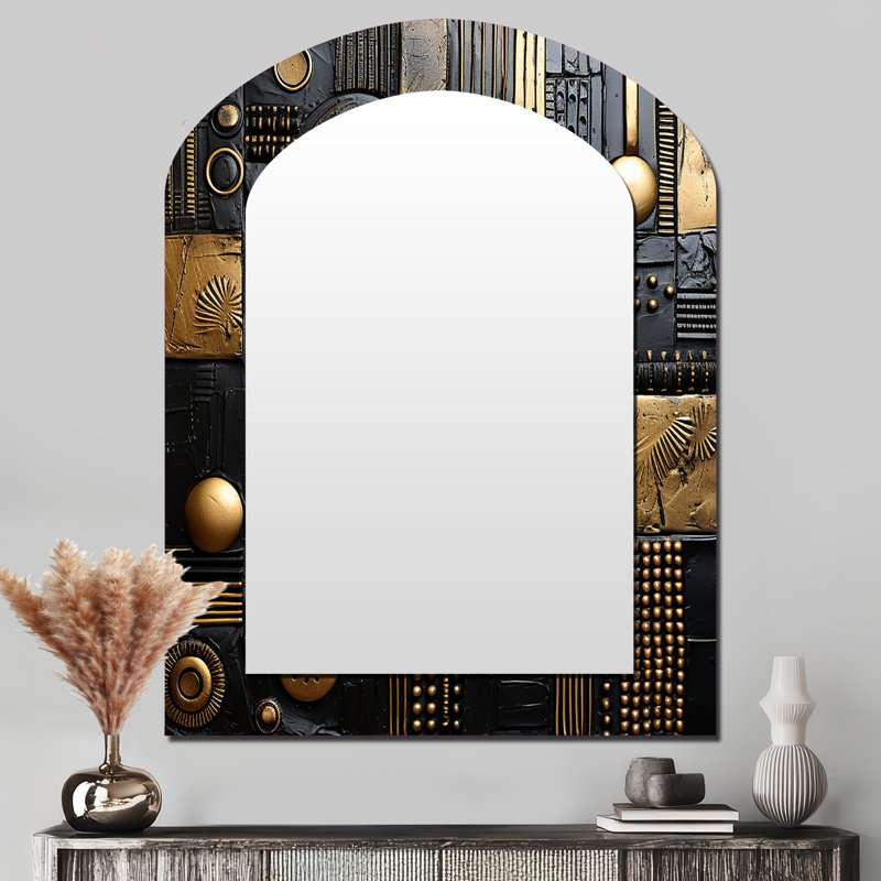 Esoteric Knowing In Teal And Gold III - Geometric Asymmetrical Unique Wall Mirror, Modern Arch Mirror, Printed Metal Art