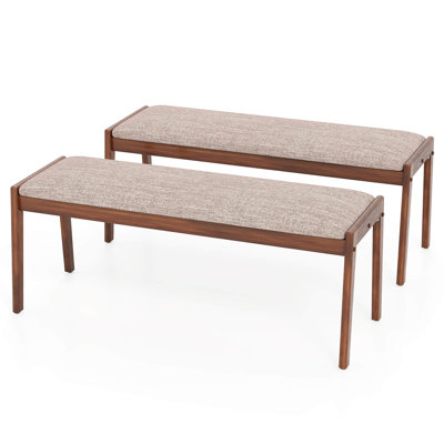 2 Pcs 45" Farmhouse Backless Bench With Rubber Wood Legs & Fabric Padded Seat