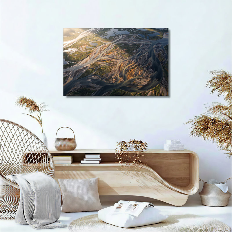 Art mural sur toile vert et brun avec vue aérienne du Delta de la rivière tressée, H 20 po x l 30 po