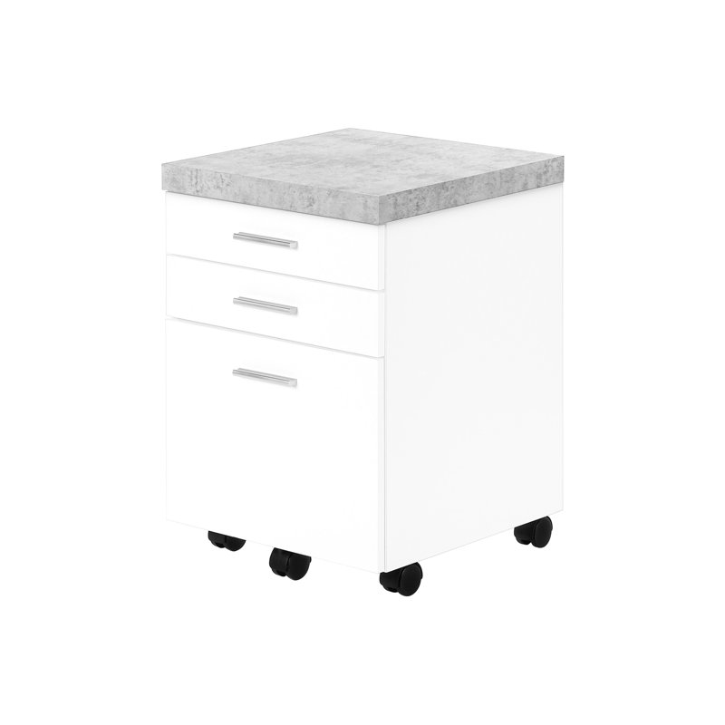 Office File Cabinet With Rolling Feature And Storage Capacity, White Grey Cement Laminate On Base Facilities, Surface