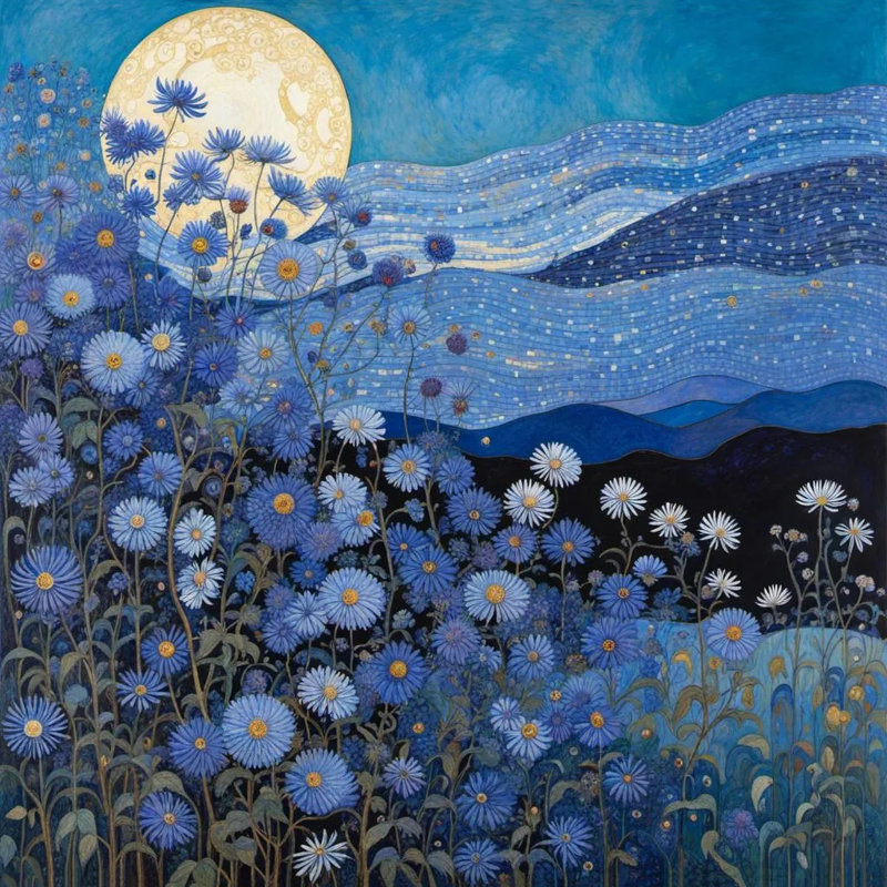 Moonlit Wildflowers - Starry Blue Floral Canvas Art, 20" H x 20" W