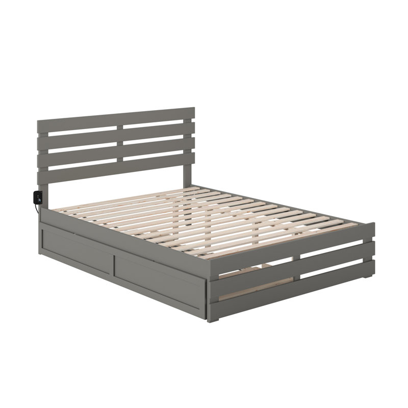 Jaqson Premium Wood Farmhouse Platform Bed with Matching Footboard & Roll Out Trundle, Gray, Full