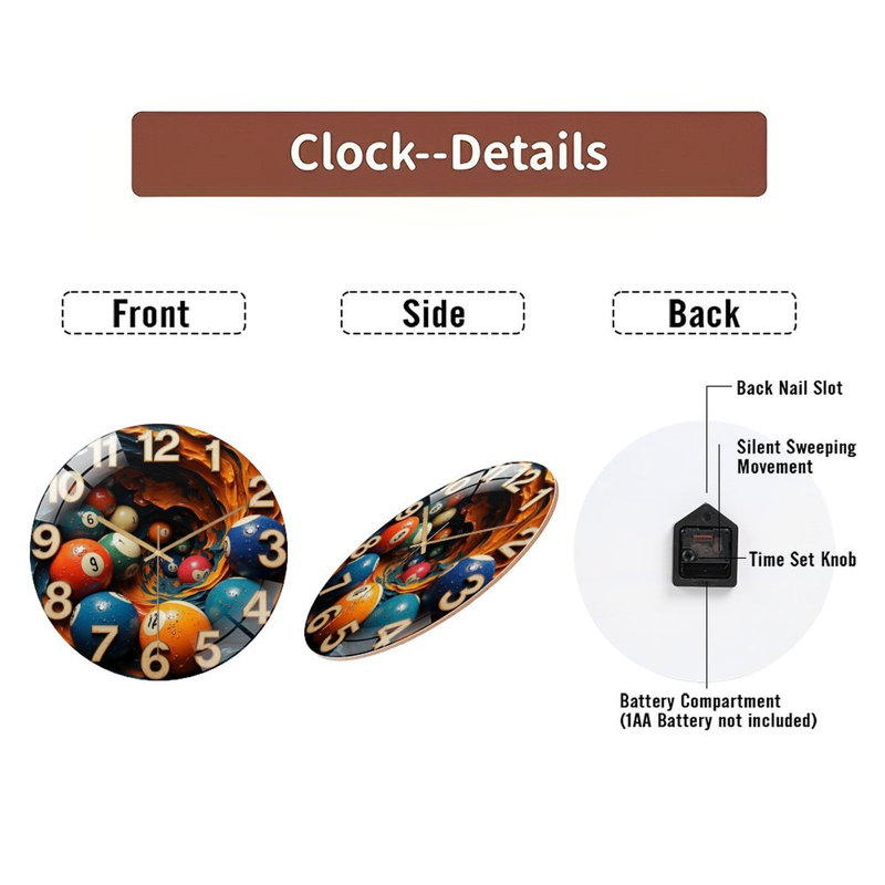 Ensemble de boules de billard colorées pour jouer à la table de billard - Horloge murale moderne en verre 12 po