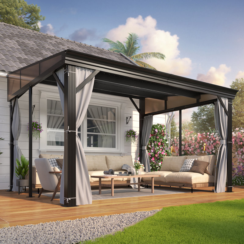 10 ft. W x 12 ft. D Wall-mounted Galvanized Steel Hardtop Gazebo, Heavy-duty Aluminum Frame Patio Gazebo with Netting & Curtains