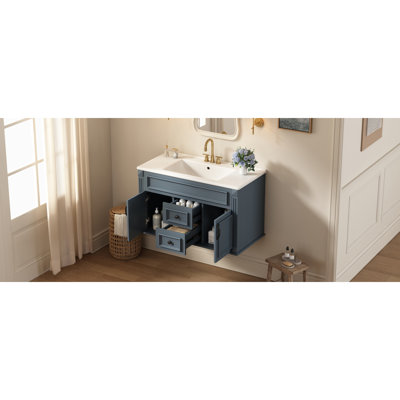 Armoire murale 36 po avec lavabo et tiroirs en céramique, meuble-lavabo simple de style français avec charnières à fermeture douce