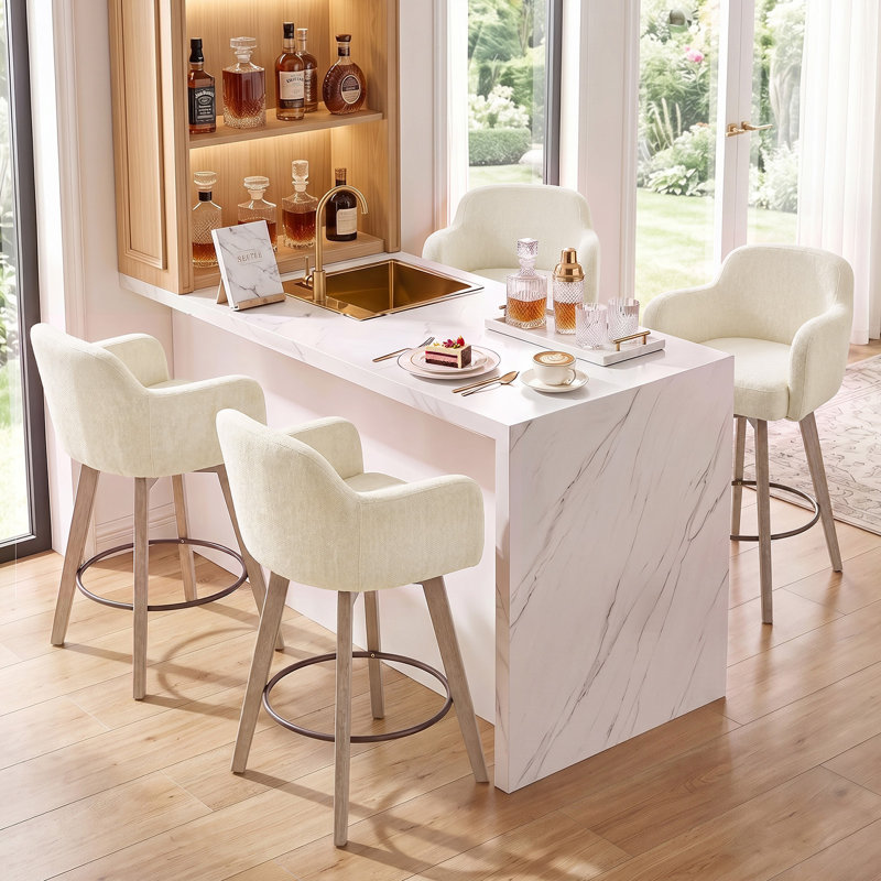 Tabourets de bar pivotants en chenille avec accoudoirs, Crème