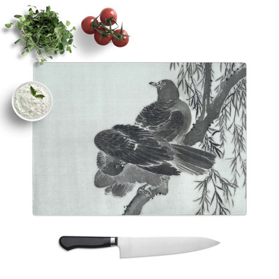 Tempered Glass Two Birds on a Branch by Kawanabe Kyosai Chopping Board