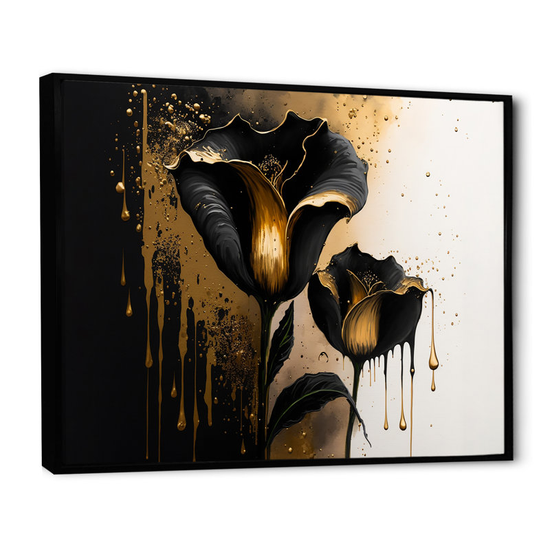 Décoration murale noire et dorée Cally Lillies - Calla Lily, H 30 po x l 40 po x P 1,5 po, Toile avec cadre flottant noir