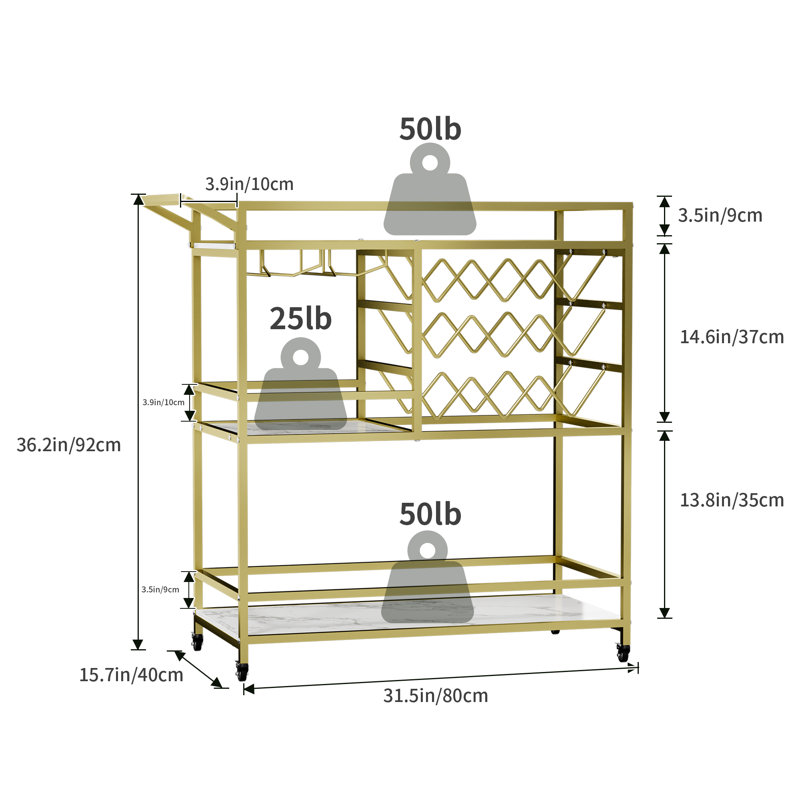 Stamatina 3-Tier Metal Bar Cart with Wine Rack and Glass Storage, Gold