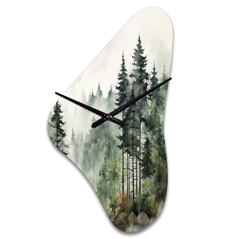 «Pine Tree Misty Morning I», pin - horloge asymétrique, Médium