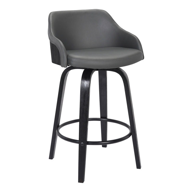 Aiken Swivel Counter or Bar Height Bar Stool with Arms in Faux Leather, Plywood and Metal Footrest, Grey Faux Leather, Black