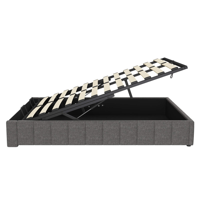 4ft6 Double Linen Ottoman Bed Frame with Hydraulic Storage, No Headboard, Channel-Tufted Upholstery, Metal & Wood Support Frame, No Box Spring Required, Easy Assembly, Grey
