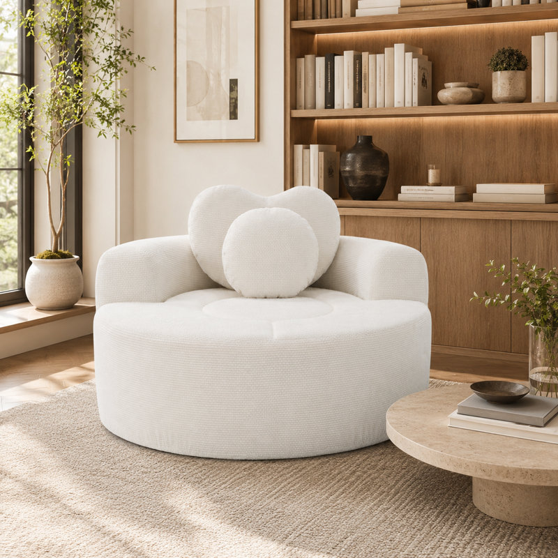 Canapé-lit modulaire beige rond en mousse à mémoire de forme pour le salon avec trois coussins décoratifs, Beige