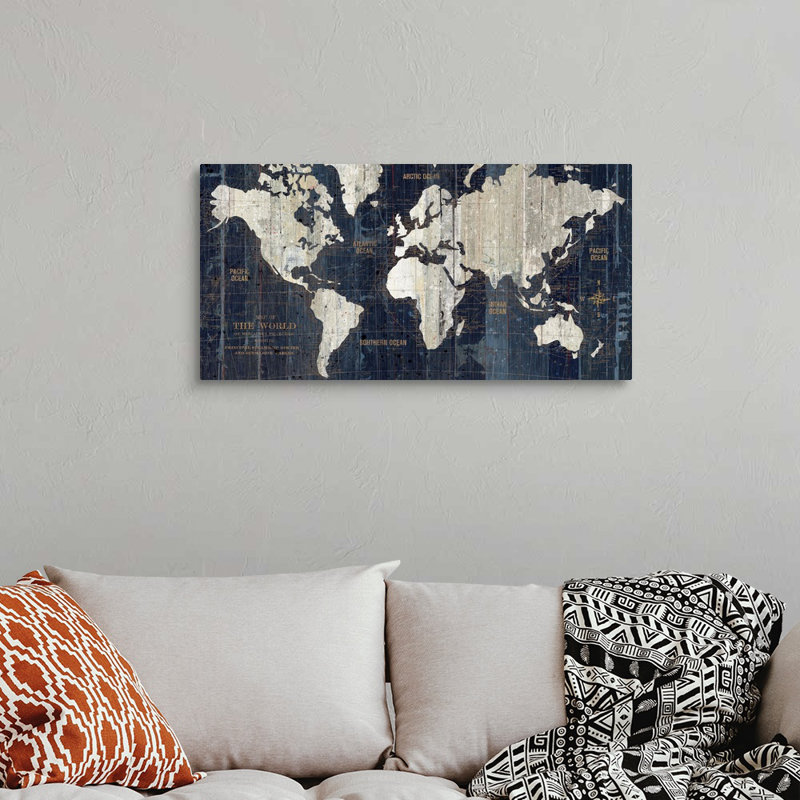 Carte du vieux monde - impression d'art graphique, H 10 po x l 20 po x 1,5 po, Toile tendue