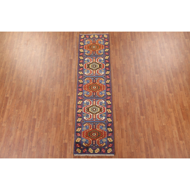 Tapis de couloir bleu en laine fait à la main 2 x 8 po