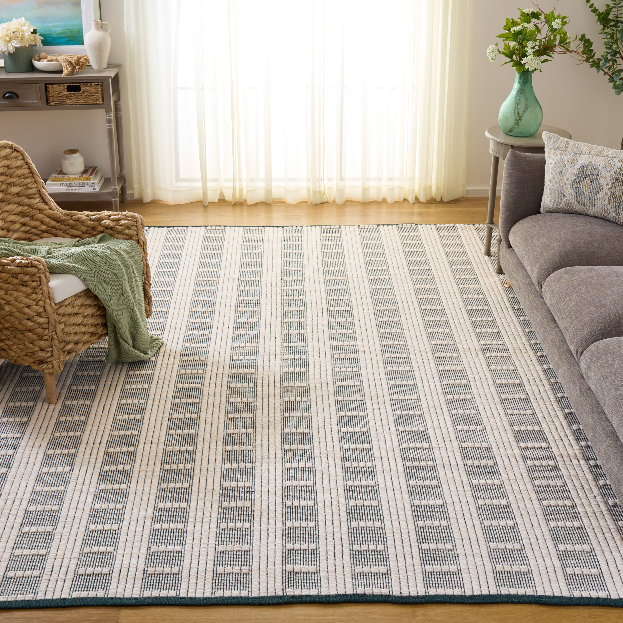 Vermont 951 Flatweave Wool/Cotton Geometric Rug in Green/Ivory, Rectangle 5' x 8', Green