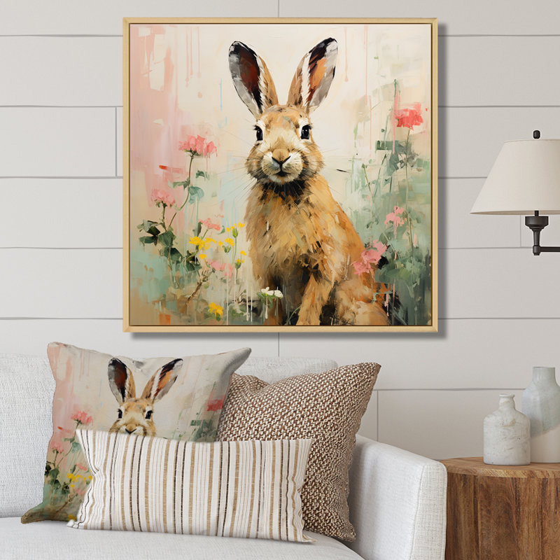 Curious floral rabbit meadow III - Lapin, art mural, H 30 po x l 30 po x P 1,5 po, Cadre flottant brun