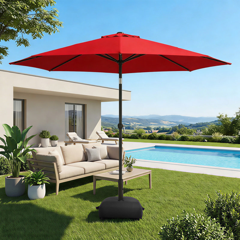 Parasol de marché 9 pi avec base et bouton poussoir inclinable 9 pi, Rouge