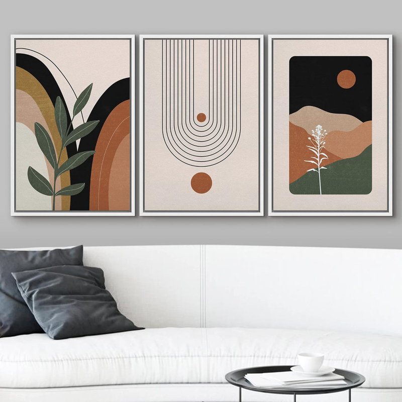 Bohemian-style plants " Brown Plant and Polygon Variety Abstract Shapes Illustrations Mid Century Modern Art Boho Colorful " 3 Piece Art Set