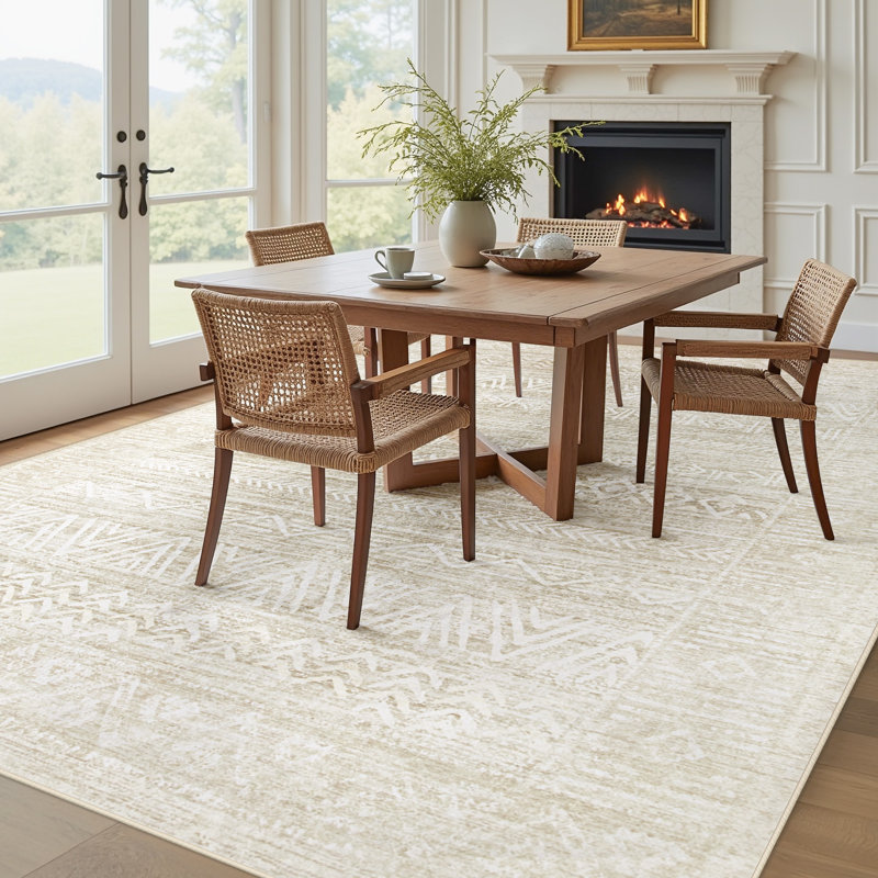 Tapis ivoire beige à motif géométrique lavable boho 8 pi x 10 pi - antidérapant et résistant aux taches, Ivoire / beige