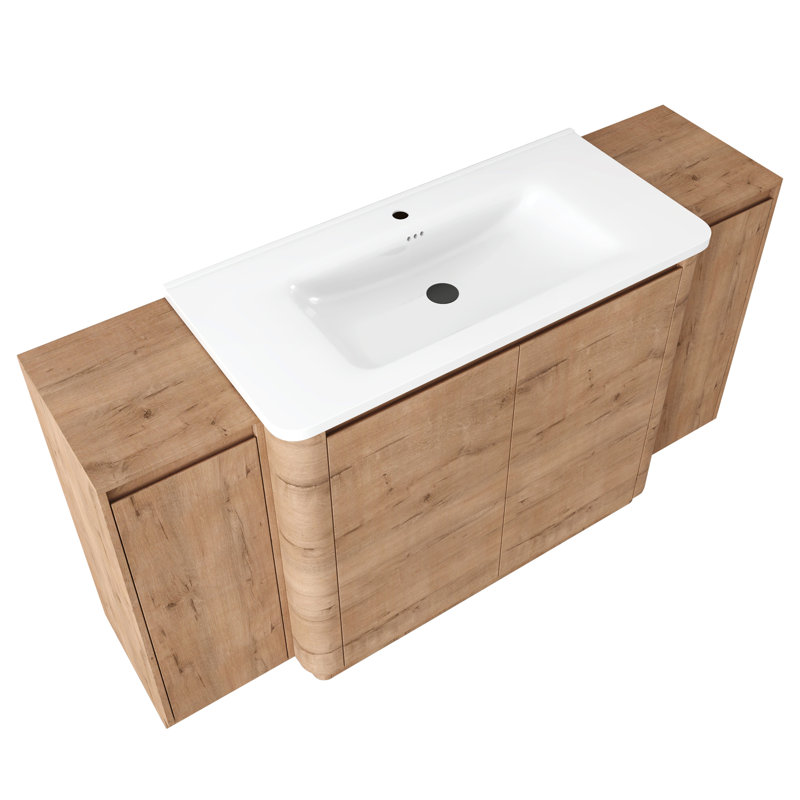 Meuble-lavabo autoportant avec lavabo en céramique blanche et 2 petites armoires de rangement, porte à fermeture en douceur