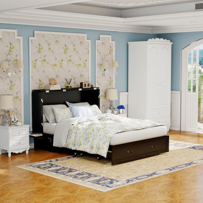 Armoire-lit escamotable grand noir avec grands tiroirs de rangement, lit escamotable escamotable pour chambre d'amis et petit espace, matelas non inclus