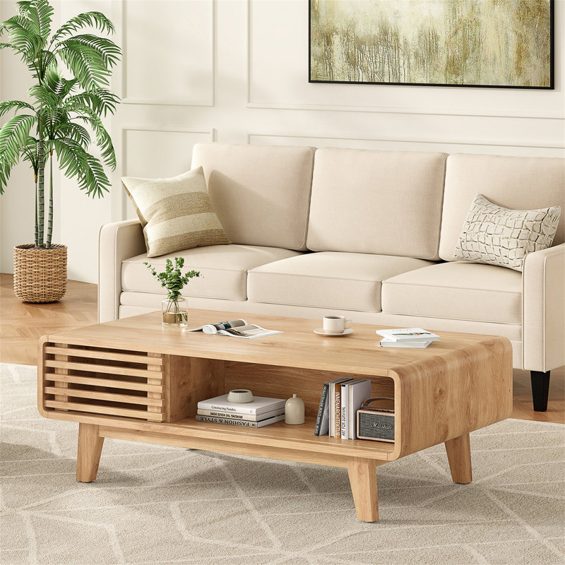 Élégante table basse avec rangement en bois texturé, Naturel