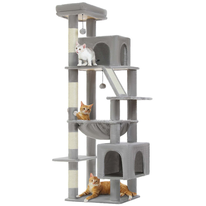 Maison pour chat de 71 po à deux niveaux avec 2 grands coussins, hamac douillet et poteaux à griffes 71 po, Gris