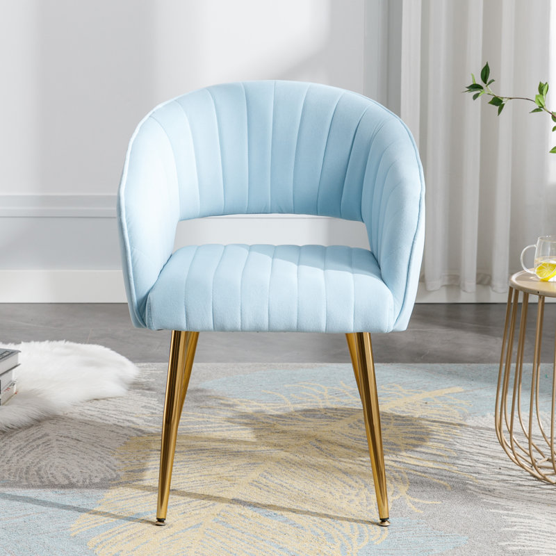 Velvet Desk Chair no Wheels, Home Office Armchair with Gold Base, Vanity Chair with Back for Make-up, Light Blue
