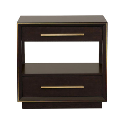 2 Drawers Nightstand With Shelf In Warm Smoked Peppercorn Color, Modern Bedroom Decor Elongated Metal Drawer Handles, Dark Brown & Poplar Wood 2 Added Shelf, Stylish Piece Extended