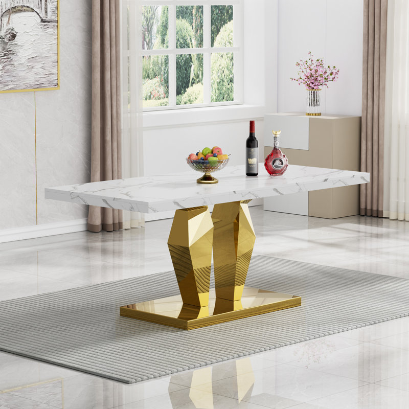 White Marble Dining Table, Luxurious 70" Marble Table Dining with 2.36" Thick Printed Marble Tabletop and Stainless Steel Pedestal, Modern Kitchen Dining Room Table for 8
