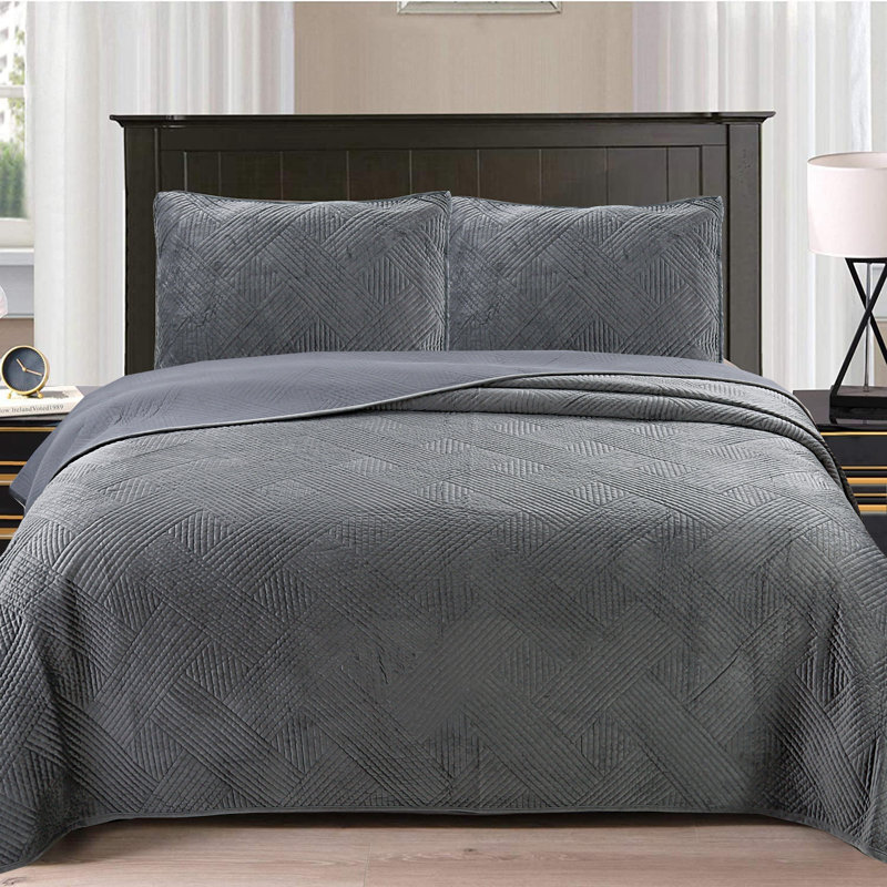 Couvre-lit en microfibre 3 pièces, gris, Courtepointe grand + 2 couvre-oreillers standard