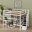 Lit mezzanine double avec bureau intégré, escalier élégant, armoire de rangement spacieuse et bibliothèque élégante-195269447