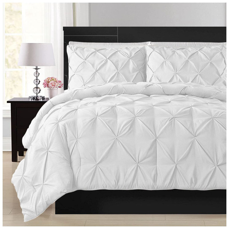 400TC Cotton Pintuck Sateen Solid Duvet Cover Set, Twin Duvet Cover + 2 Shams, White