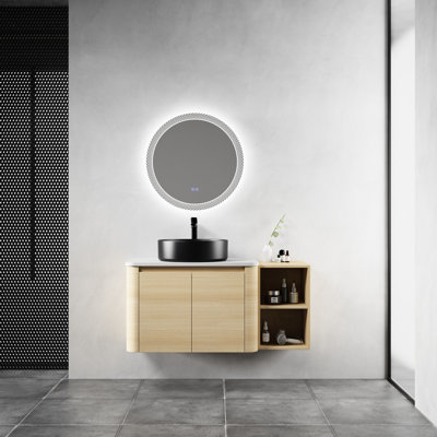 Meuble-lavabo mural de 107 cm avec lavabo en céramique artistique, 1 tablette de rangement et 45 poignées dissimulées. Expérience de salle de bain confortable. Matériau résistant aux égratignures et à l'eau pour les salles de bain.
