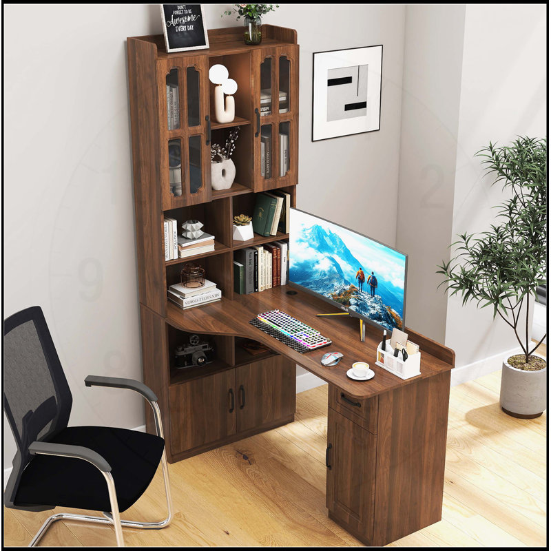 Bureau d'ordinateur en L en forme de L avec rangement spacieux, design 2 en 1 pour le bureau à domicile et le bureau, table de style moderne avec tiroirs, bibliothèque et huche