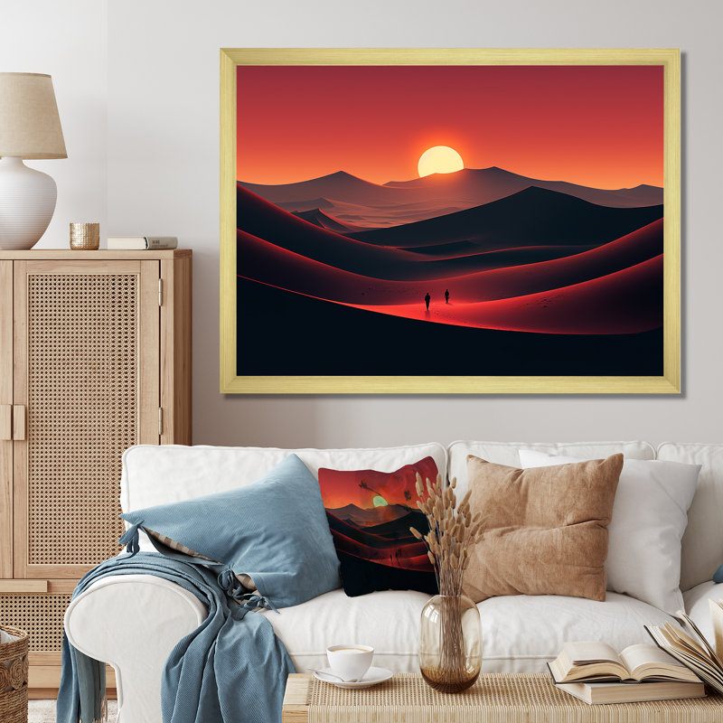 Marcher dans le désert du Sahara au coucher du soleil I - désert, art mural, Cadre doré à coins fermés