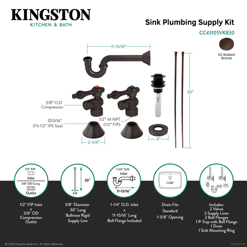 Ensemble de garniture pour évier de plomberie traditionnel Kingston avec garniture en P et bonde Kingston, Oil Rubbed Bronze