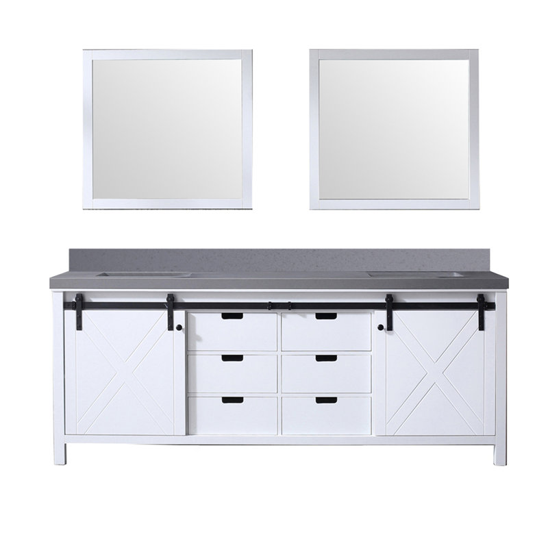 Meuble-lavabo double blanc l 84 po x P 22 po, comptoir en quartz gris, ensemble de robinets et miroirs 34 po