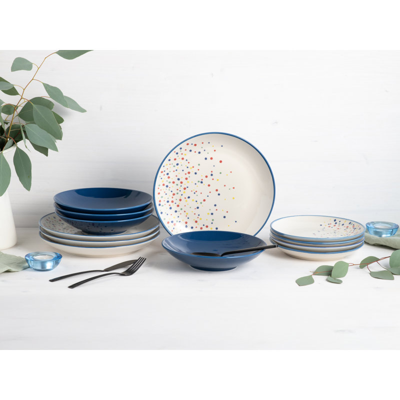 Joy Stoneware Dinnerware Set 12 Piece - Service for 4, Blue / White / Grey