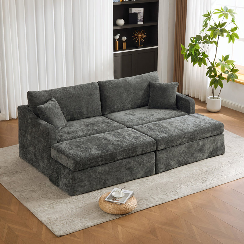 Sofa deux places extra large avec deux poufs, revêtement en chenille, Charcoal Chenille