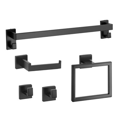 Matte Black Bathroom Hardware Set - 5-Piece Stainless Steel Accessories with Towel Bar, Toilet Paper Holder & Robe Hooks