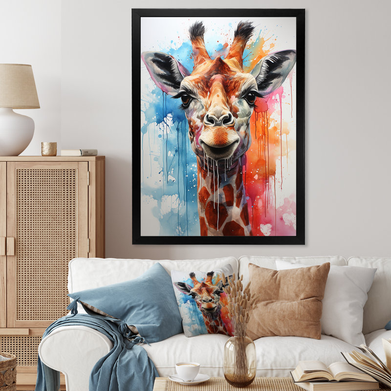 Popart, girafe, art mural, Cadre simple noir, H 20 po x l 12 po x P 1 po