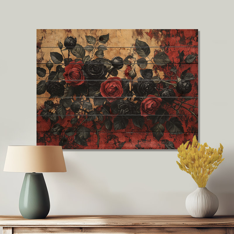 Midnight Red Roses Meadow - Décoration murale en bois de roses - sur bois de pin naturel, H 24 po x l 32 po x P 0,78 po