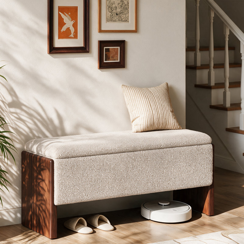 Banc de rangement rembourré bouclé de 42,5 pouces avec pieds en bois massif, Beige