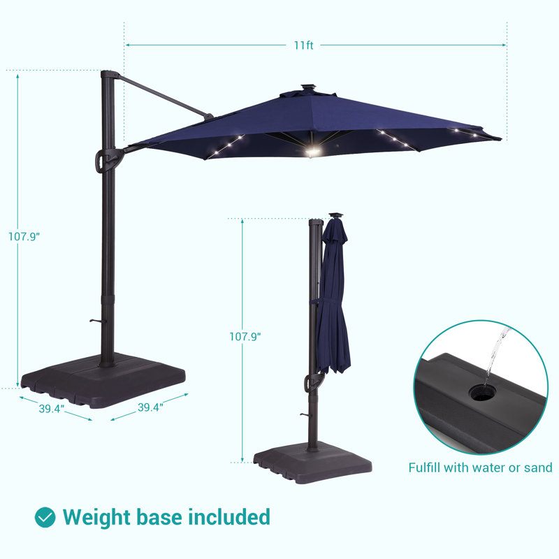 Navy Blue 11ft Cantilever Umbrella with LED Lights and Base