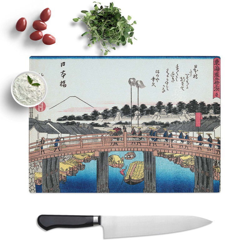 Tempered Glass Bridge Crossing by Utagawa Hiroshige Chopping Board, 39cm W x 28.5cm L