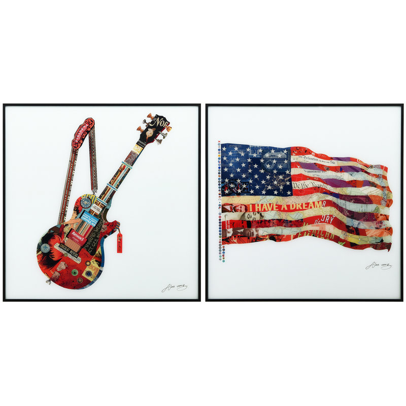 «Guitare et drapeau américain» par Alex Zeng - ensemble de 2 tiroirs sur papier