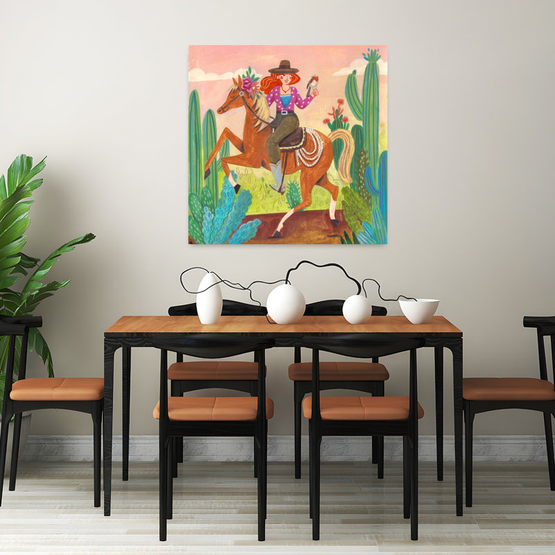 Cowgirl on horse in the desert Abstract Contemporary Bird Cactus Horse Flower Landscape Wall Art Print, 81.28cm H x 81.28cm W
